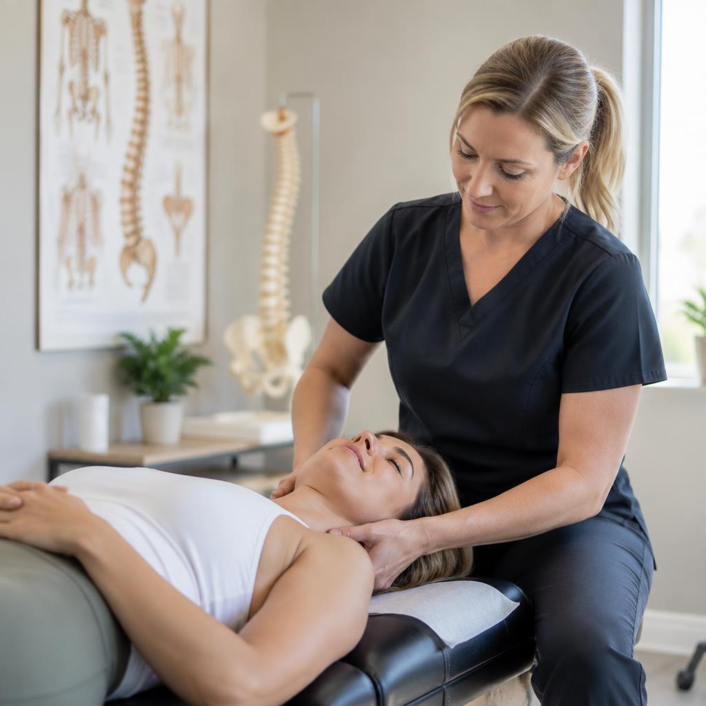 Chiropractor performing a gentle neck adjustment to relieve muscle tightness at a Severna Park, MD clinic