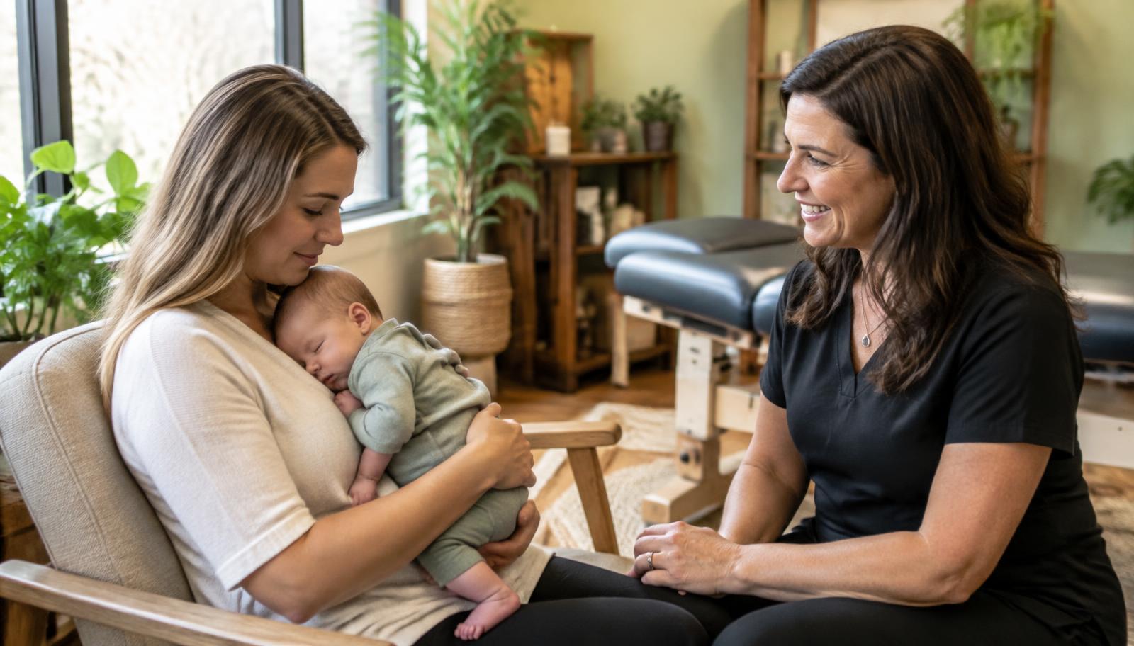 Crofton, MD mother holding her sleeping baby while a female pediatric chiropractor talks with her