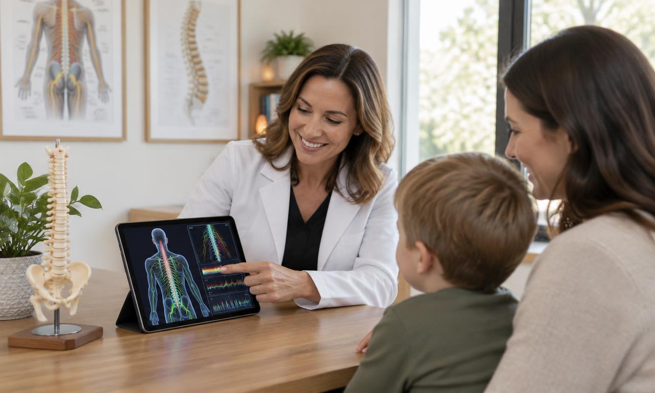 Dr. Michelle Herczeg reviewing INSiGHT Scan results on a tablet with a mother and child