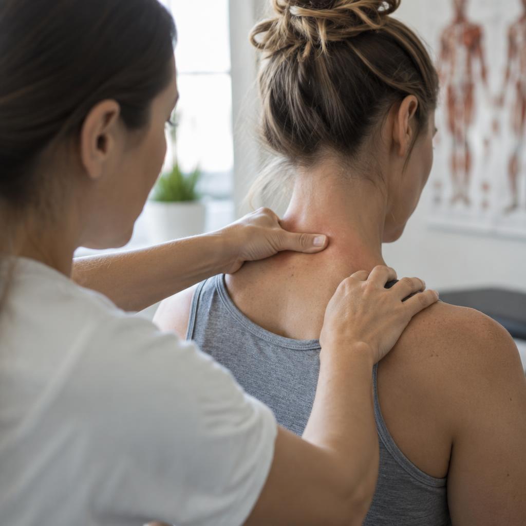 Chiropractor applying focused pressure to a patient's shoulder to release a muscle knot at a Severna Park, MD clinic