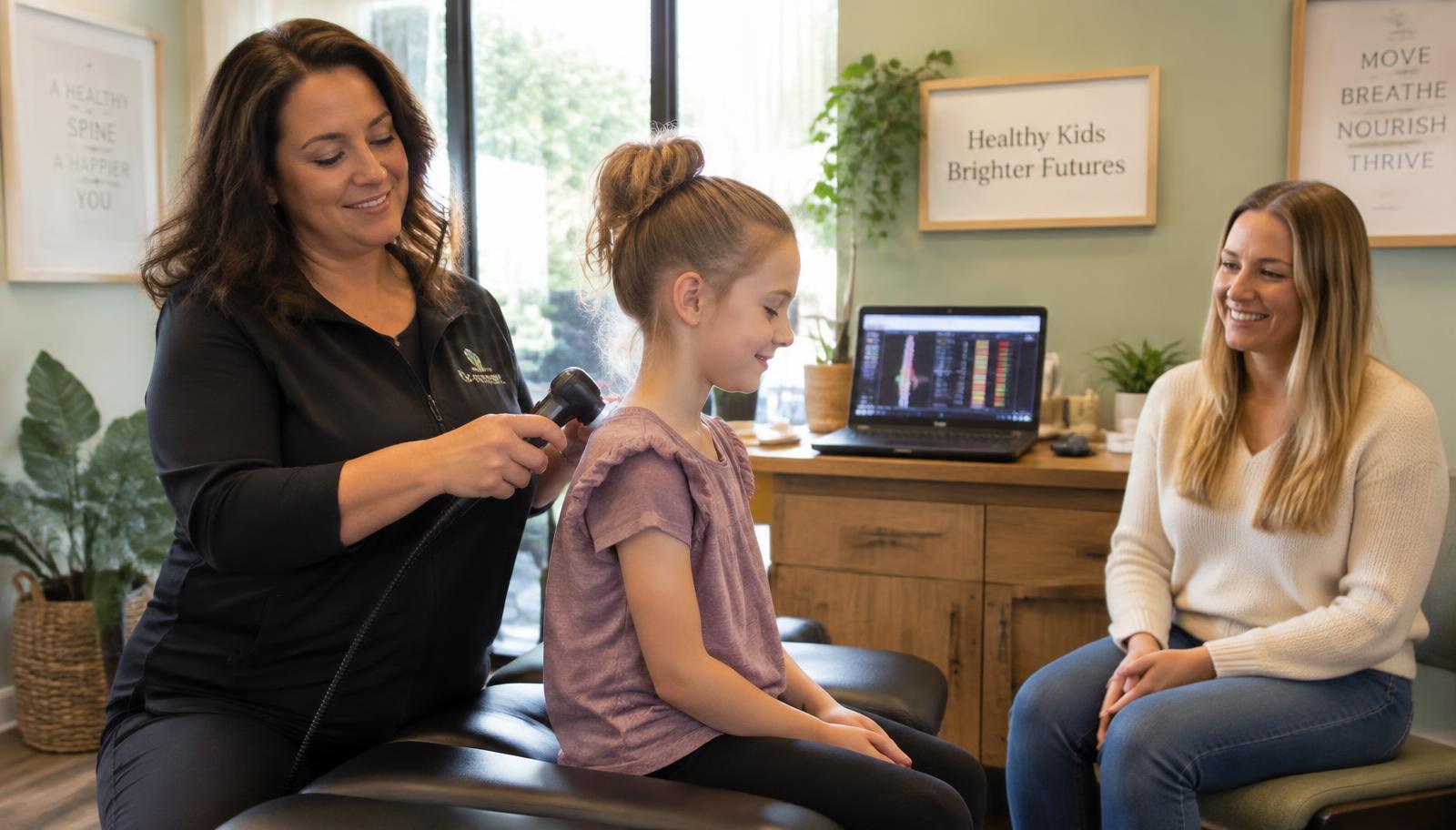 Female chiropractor running a gentle INSiGHT scan on a young girl's spine while her mother watches, for Glen Burnie, MD families