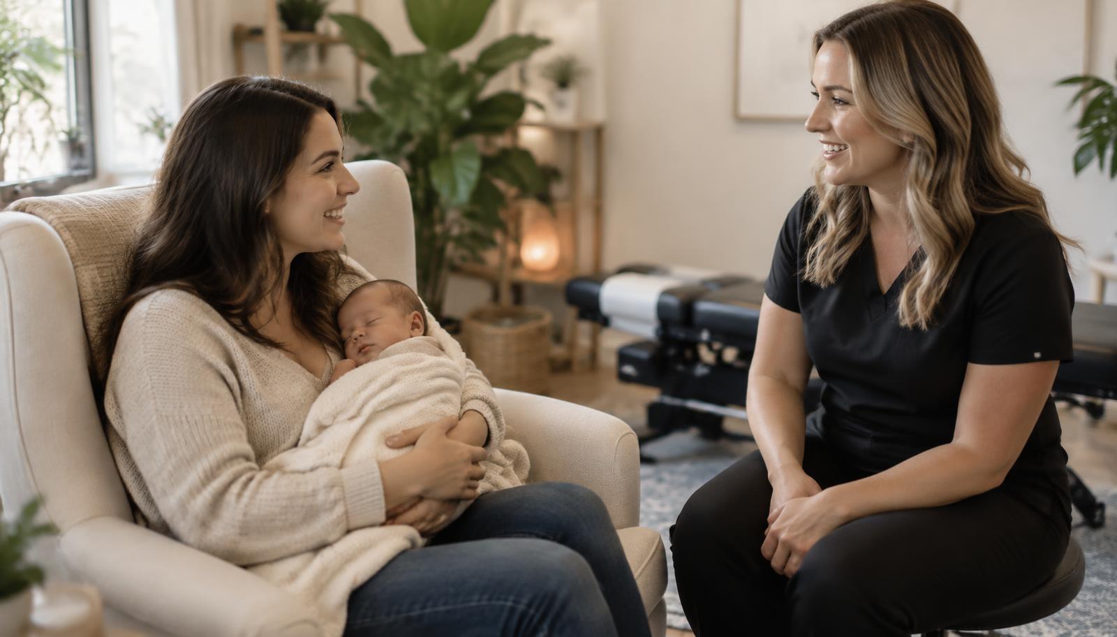 Mom holding her sleeping newborn while talking with a female chiropractor near Crownsville, MD