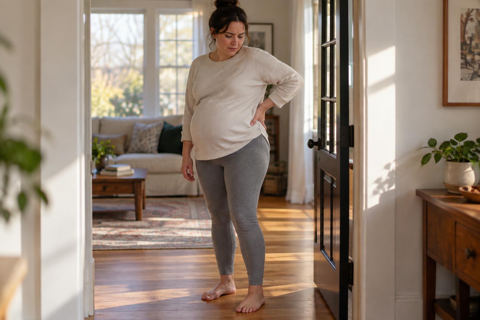 Pregnant woman in her third trimester pausing in a doorway with a hand on her hip, showing pregnancy hip and pelvic pain, in Severna Park, MD