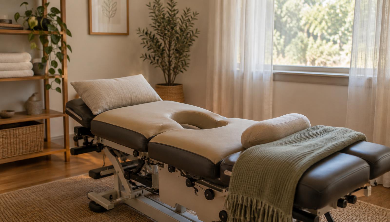 Prenatal chiropractic treatment room with a pregnancy drop-table and belly support cushion in Severna Park, MD