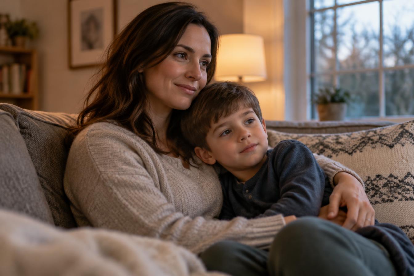 Pasadena, MD mother calmly holding her young son at home, showing co-regulation and a calmer nervous system