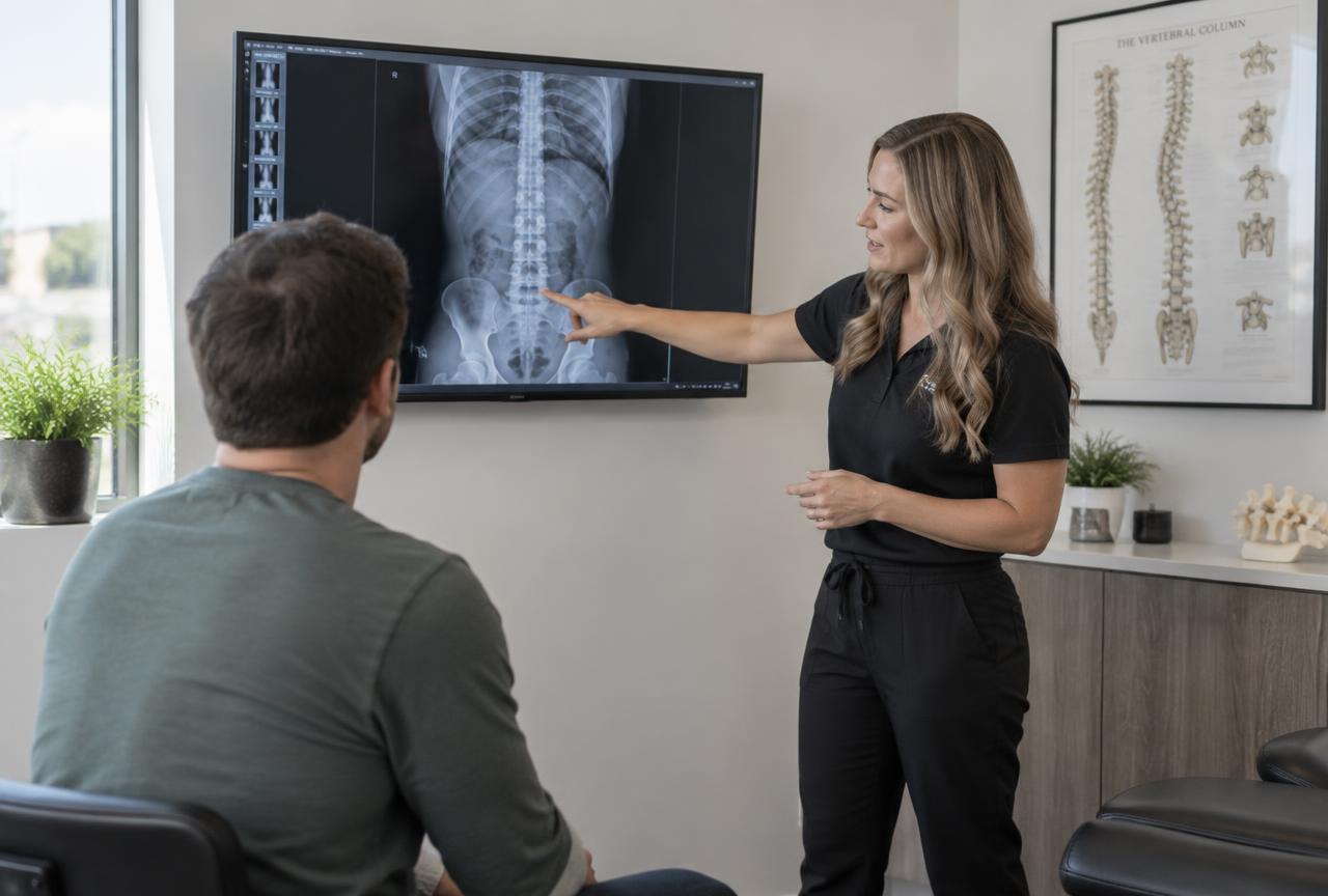 Chiropractor reviewing a spinal X-ray with a patient at a Severna Park, MD chiropractic clinic